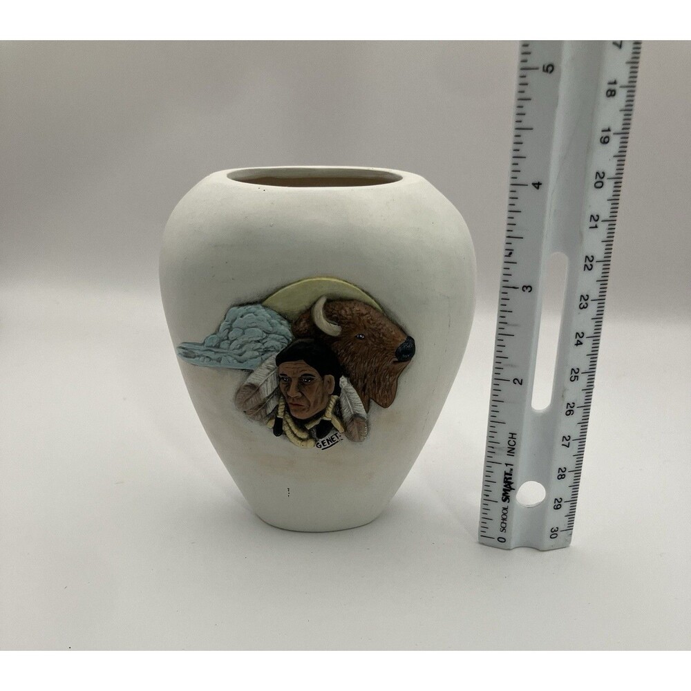 Native American Indigenous Themed Pottery Small Vase Signed Neutral Tone - Picture 5 of 7